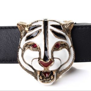 Black Gucci belt with gold white and red tiger face! 🐯🐅